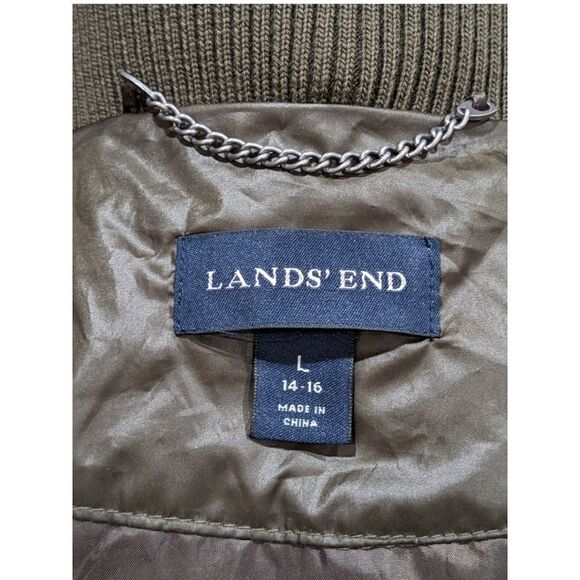 Land's End Knee Length Parka Quilted Puffer Faux Fur Hood Belted L 14-16 Olive - Picture 10 of 11